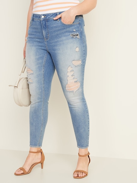 Image number 1 showing, High-Waisted Secret-Slim Pockets Plus-Size Distressed Rockstar Super Skinny Jeans