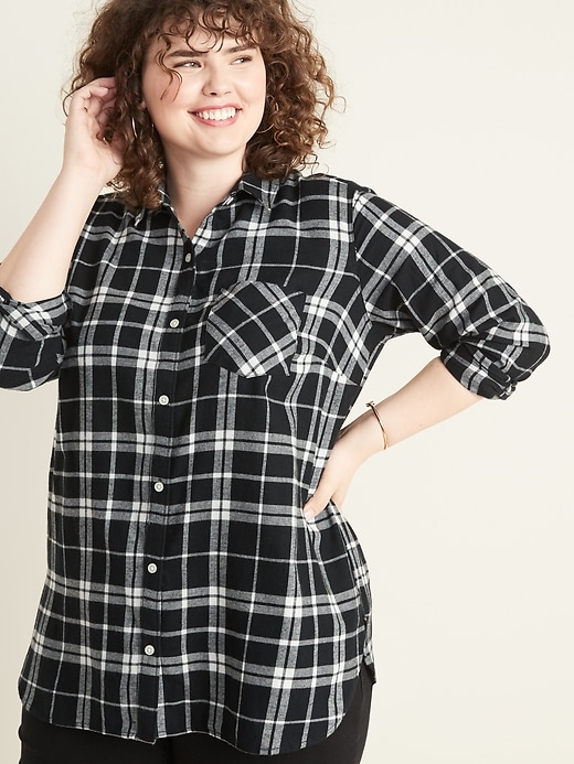 View large product image 1 of 1. Plaid Flannel No-Peek Plus-Size Tunic Shirt