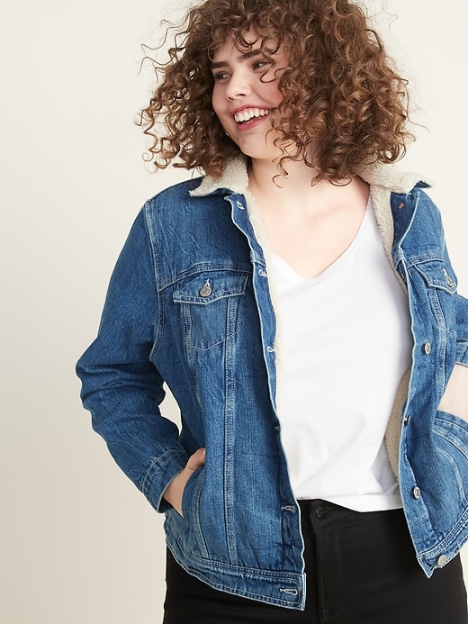 Image number 1 showing, Plus-Size Sherpa-Lined Jean Jacket