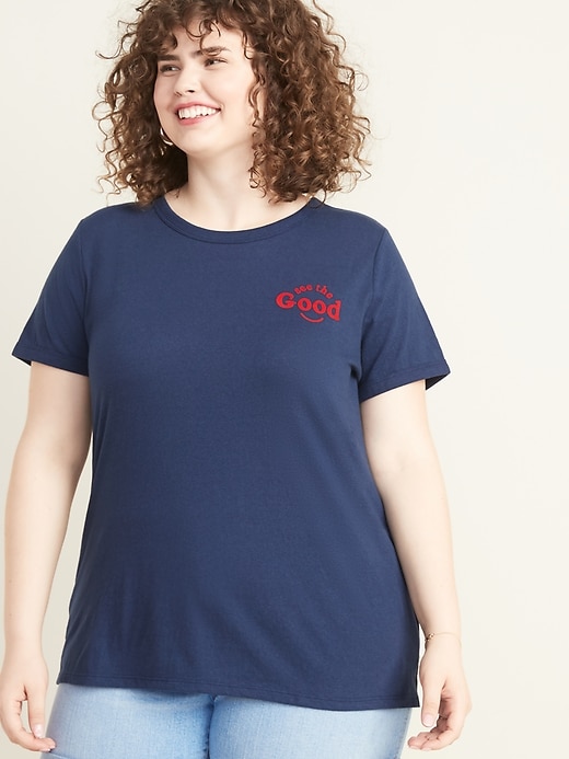 View large product image 1 of 1. Slim-Fit Plus-Size Graphic Ringer Tee