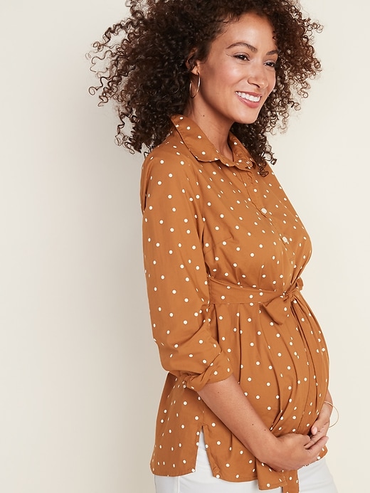 View large product image 1 of 1. Maternity Polka-Dot Tie-Belt Popover Stretch Tunic Shirt