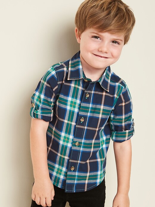 View large product image 1 of 1. Plaid Built-In Flex Roll-Sleeve Shirt for Toddler Boys