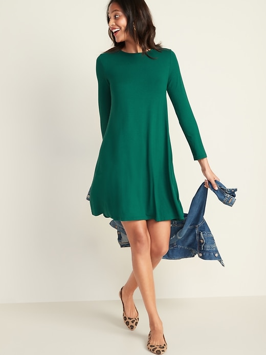 Image number 1 showing, Long-Sleeve Jersey-Knit Swing Dress for Women