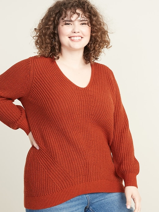 View large product image 1 of 1. Shaker-Stitch V-Neck Plus-Size Sweater