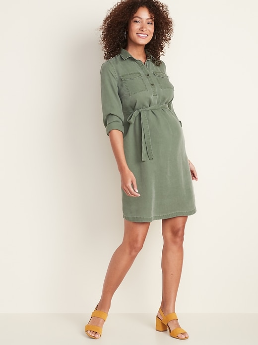 View large product image 1 of 1. Maternity Tencel&#174 Tie-Belt Shirt Dress
