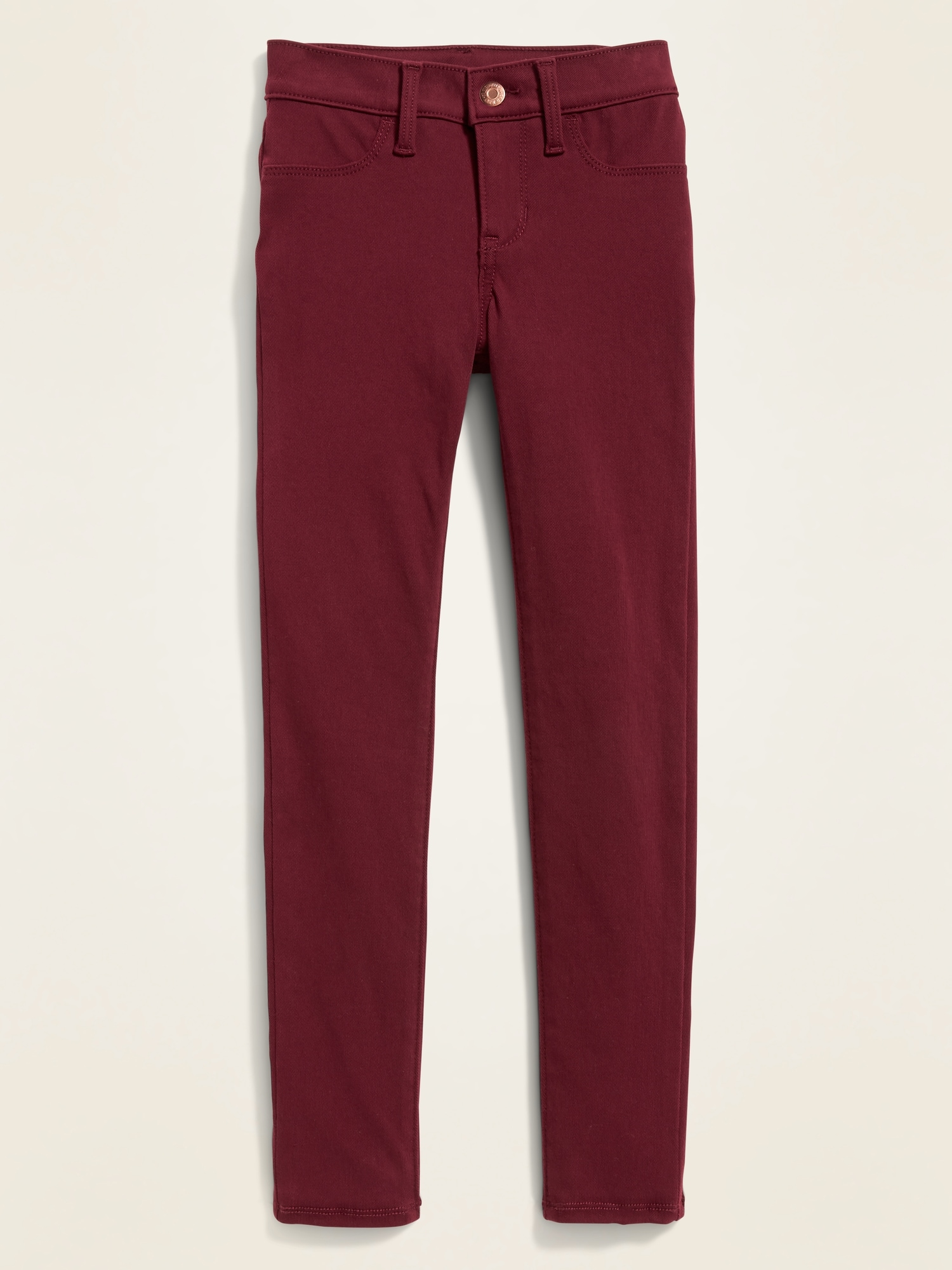 red snap jeans