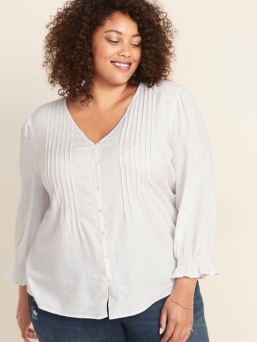 View large product image 1 of 1. Pintucked V-Neck Linen-Blend Plus-Size Blouse
