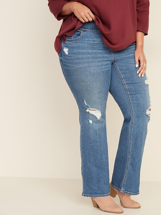 Image number 1 showing, High-Waisted Plus-Size Distressed Pull-On Kicker Boot-Cut Jeans