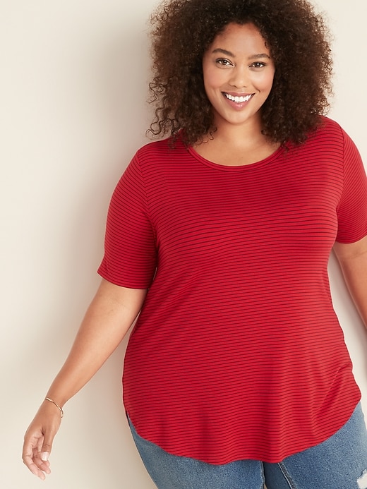 View large product image 1 of 1. Luxe Striped Elbow-Sleeve Plus-Size Tunic Tee