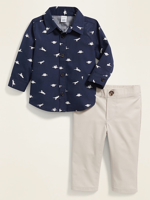 View large product image 1 of 2. Dino-Print Poplin Shirt and Twill Pants Set for Baby