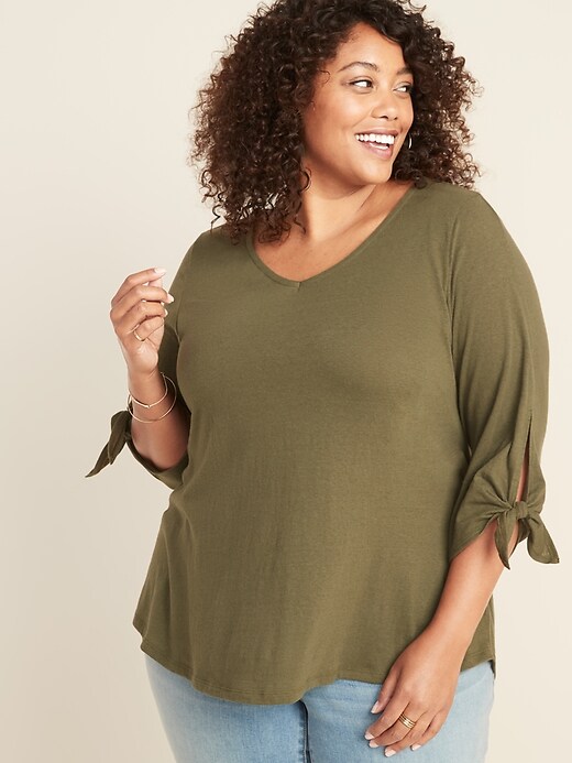 View large product image 1 of 1. Slub-Knit 3/4-Length Tie-Sleeve Plus-Size Top
