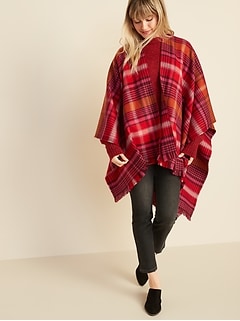 Plaid Flannel Open-Front Poncho for Women
