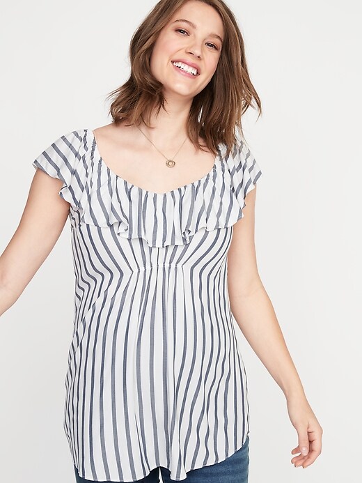 Image number 1 showing, Maternity Striped Ruffle V-Neck Blouse