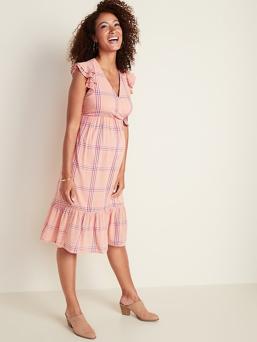 Image number 1 showing, Maternity Ruffle-Trim Tiered Plaid Midi Dress