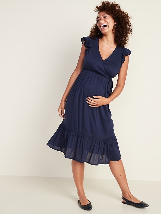 View large product image 1 of 1. Maternity Ruffle-Trim Wrap-Front Tiered Midi Dress