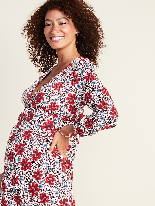 Image number 4 showing, Maternity Waist-Defined Wrap-Front Floral Dress