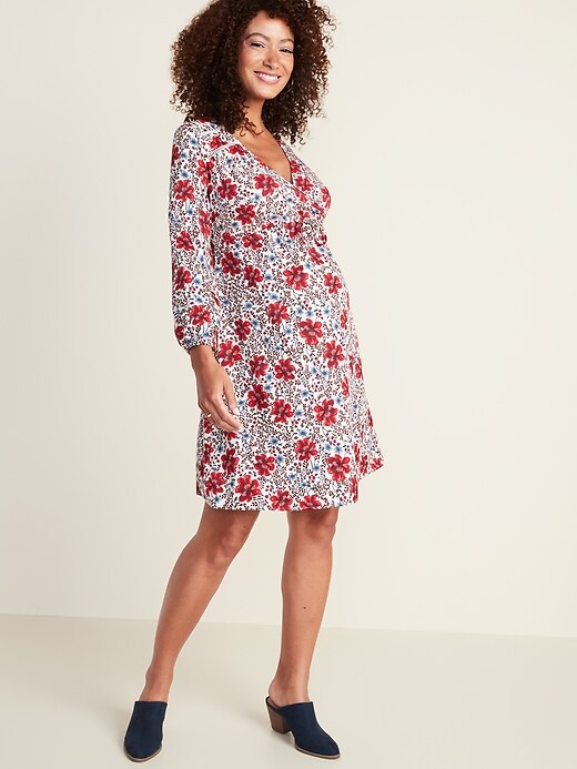 Image number 1 showing, Maternity Waist-Defined Wrap-Front Floral Dress
