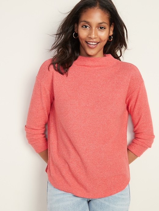 View large product image 1 of 1. Textured Plush-Knit Funnel-Neck Sweater for Women