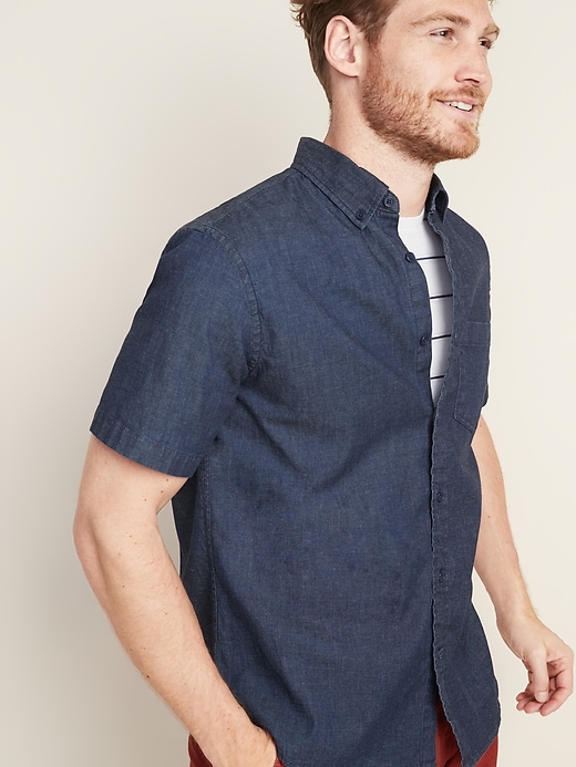 View large product image 1 of 1. Slim-Fit Built-In Flex Chambray Shirt