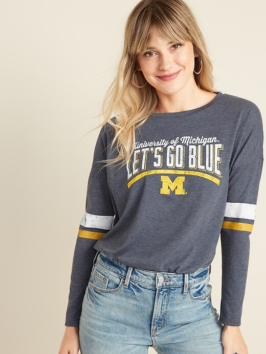 View large product image 1 of 1. College-Team Graphic Sleeve-Stripe Tee for Women