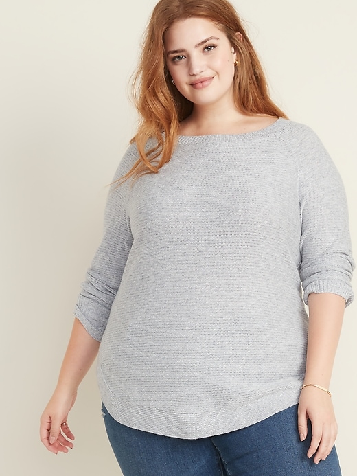 View large product image 1 of 1. Textured-Stitch Boat-Neck Plus-Size Tunic Sweater