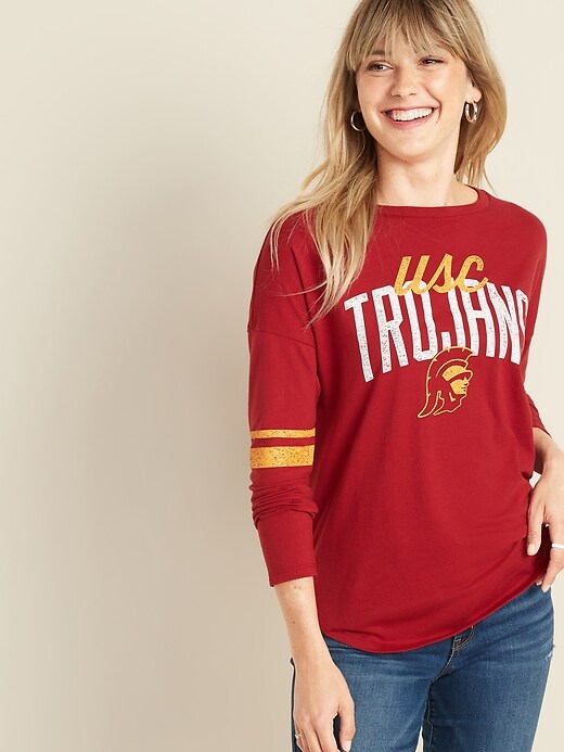 View large product image 1 of 1. College-Team Graphic Sleeve-Stripe Tee for Women