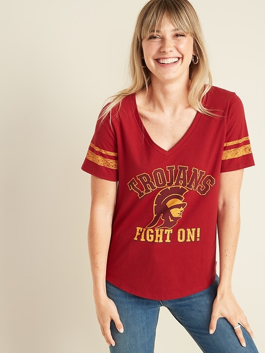 View large product image 1 of 1. College-Team Graphic Sleeve-Stripe V-Neck Tee for Women