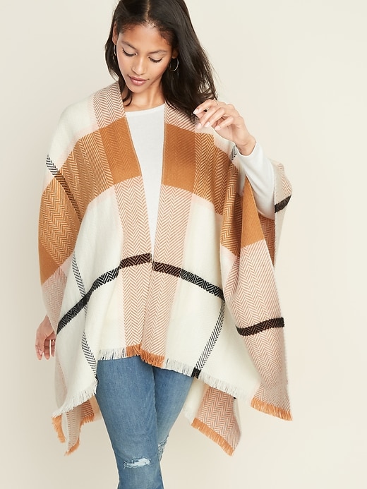 View large product image 1 of 1. Plaid Flannel Open-Front Poncho for Women