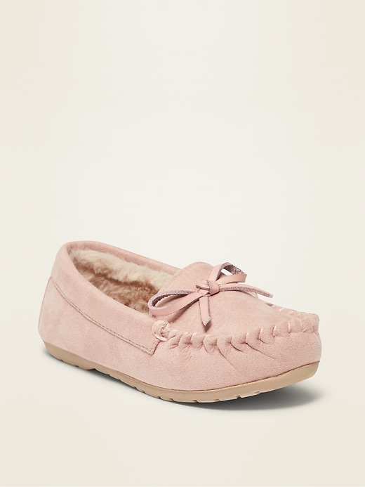 View large product image 1 of 4. Pink Sherpa-Lined Sueded Moccasins for Toddler Girls