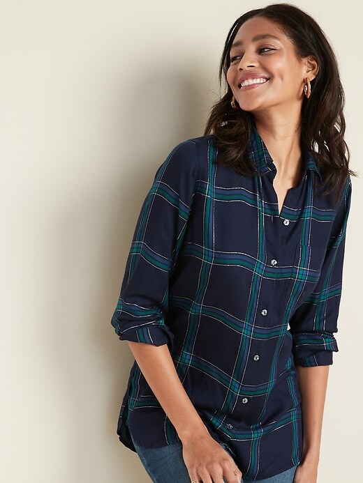 View large product image 1 of 1. Plaid Drapey Flannel Tunic Shirt for Women