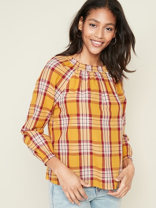 Image number 1 showing, Plaid Square-Neck Gauze Top for Women
