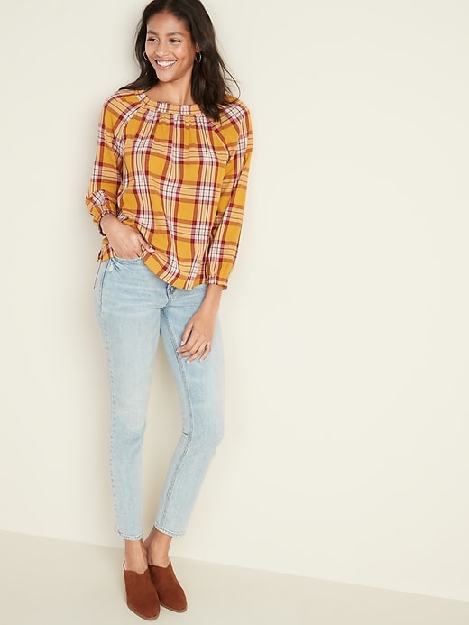 Image number 3 showing, Plaid Square-Neck Gauze Top for Women