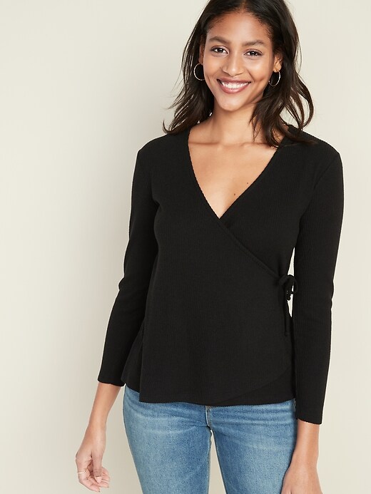 View large product image 1 of 1. Wrap-Front Rib-Knit Top for Women