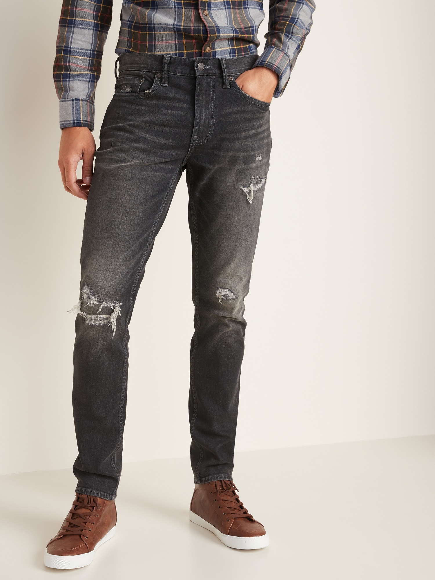 Slim Distressed Built-In Flex Black Jeans for Men