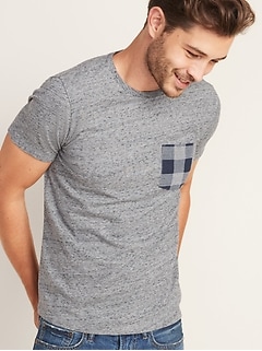 Soft-Washed Plaid-Pocket Tee for Men