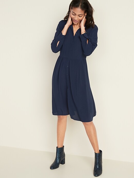 View large product image 1 of 1. Waist-Defined Crepe Shirt Dress for Women