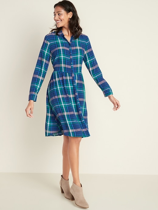 Image number 1 showing, Plaid Crepe Waist-Defined Shirt Dress for Women