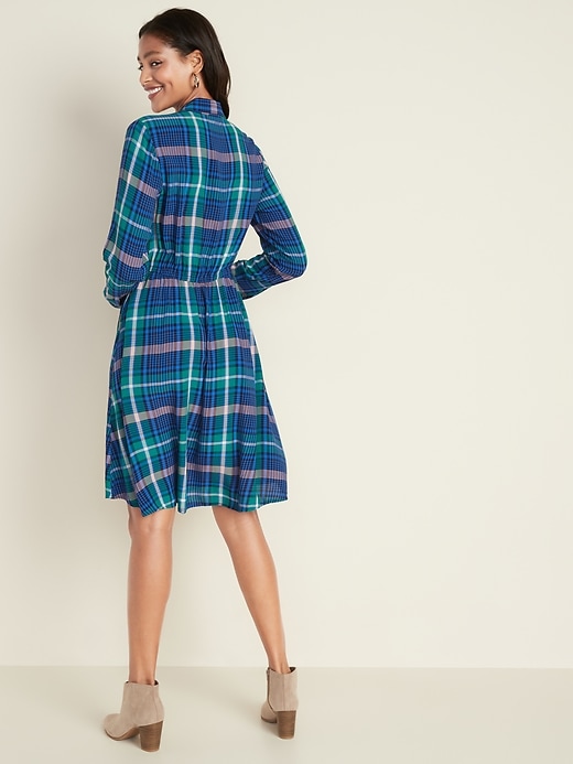Image number 2 showing, Plaid Crepe Waist-Defined Shirt Dress for Women