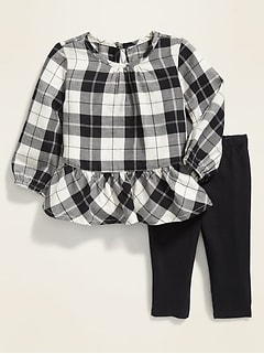 Plaid Twill Tunic & Jersey Leggings Set for Baby