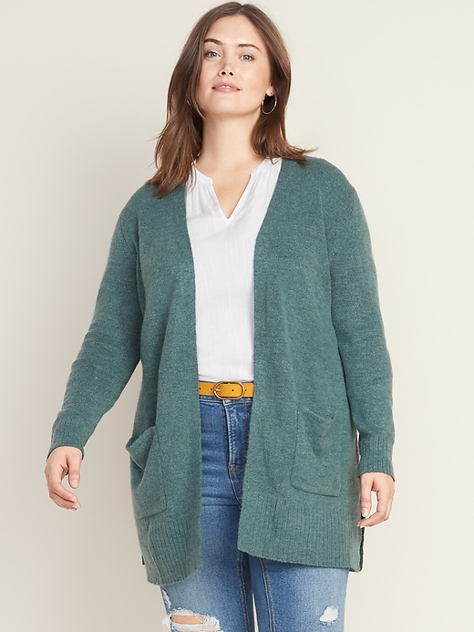 View large product image 1 of 1. Soft-Brushed Long-Line Open-Front Plus-Size Sweater