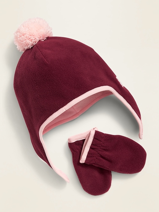 View large product image 1 of 1. Performance Fleece Pom-Pom Hat and Mittens Set for Toddler Girls