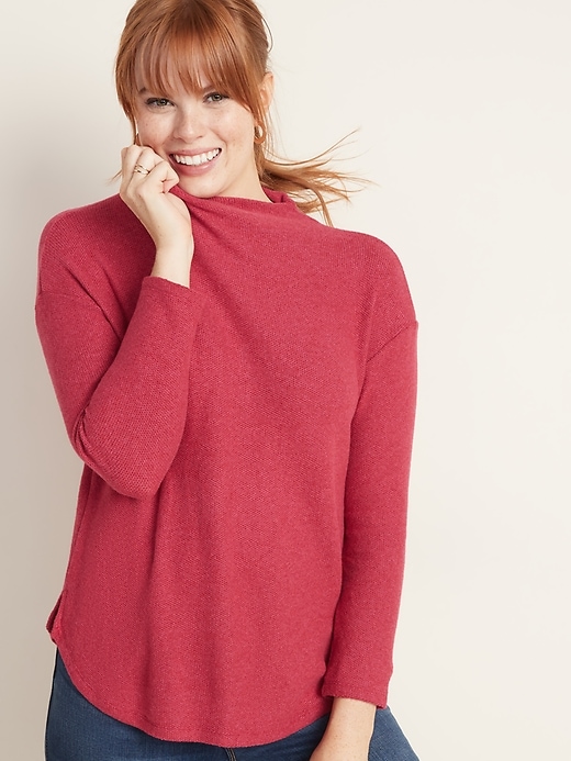 Image number 1 showing, Textured Plush-Knit Funnel-Neck Sweater for Women