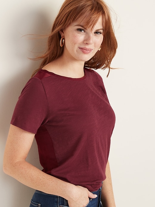 View large product image 1 of 1. Crew-Neck Satin-Back Tee for Women