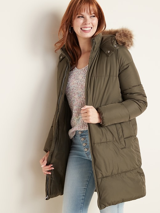 Image number 1 showing, Hooded Frost-Free Long-Line Puffer Jacket for Women