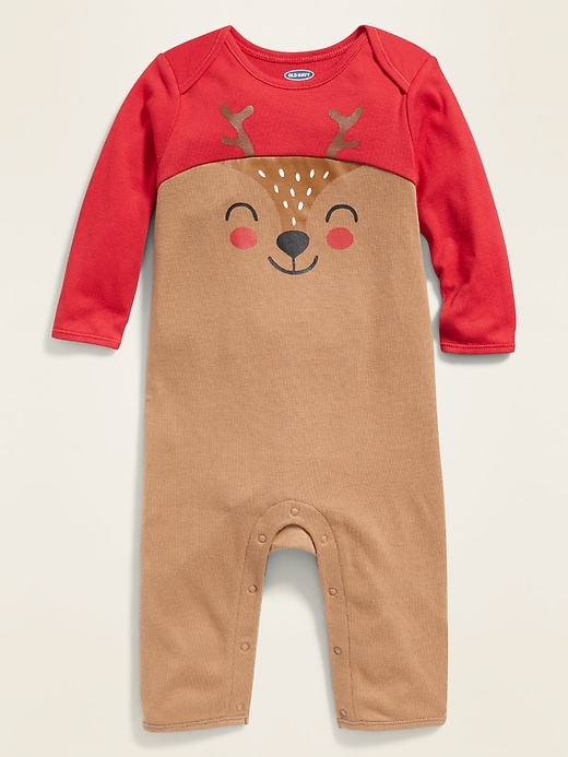 View large product image 1 of 2. Color-Blocked Reindeer-Graphic One-Piece for Baby