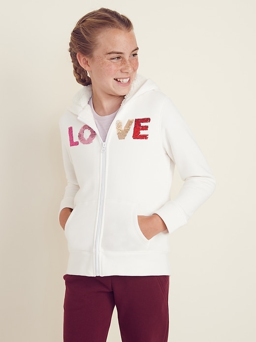 View large product image 1 of 2. Embellished Graphic Sherpa-Lined Zip Hoodie for Girls
