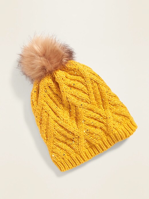 View large product image 1 of 1. Sequined Cable-Knit Faux-Fur Pom-Pom Beanie For Girls