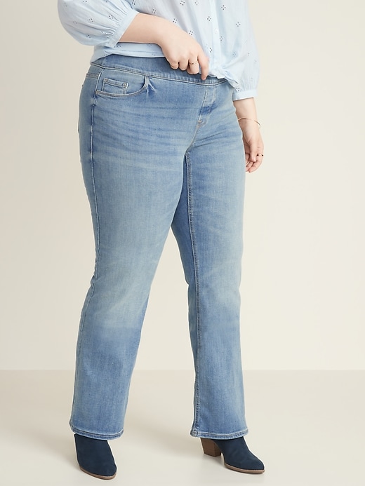 Image number 1 showing, High-Waisted Pull-On Boot-Cut Plus-Size Jeans