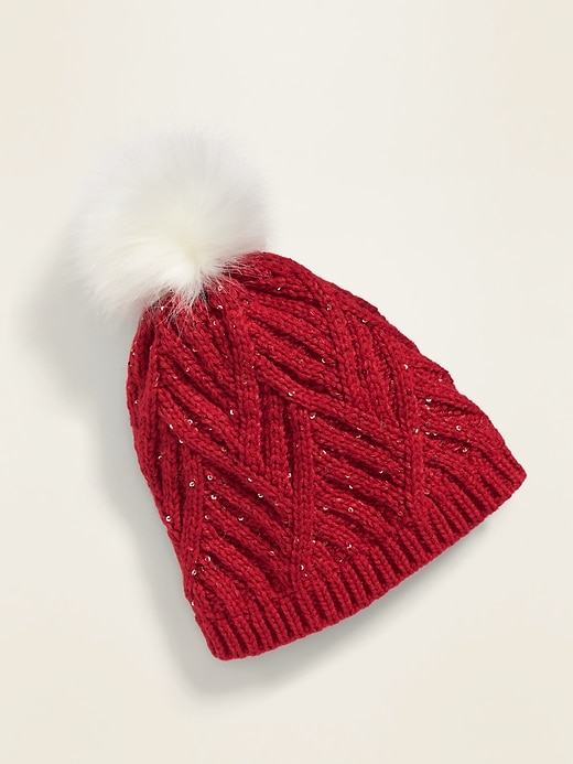 View large product image 1 of 1. Sequined Cable-Knit Faux-Fur Pom-Pom Beanie For Girls