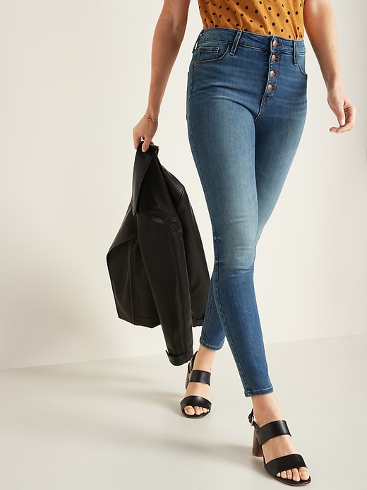 Image number 1 showing, High-Waisted Rockstar Button-Fly Super Skinny Jeans for Women